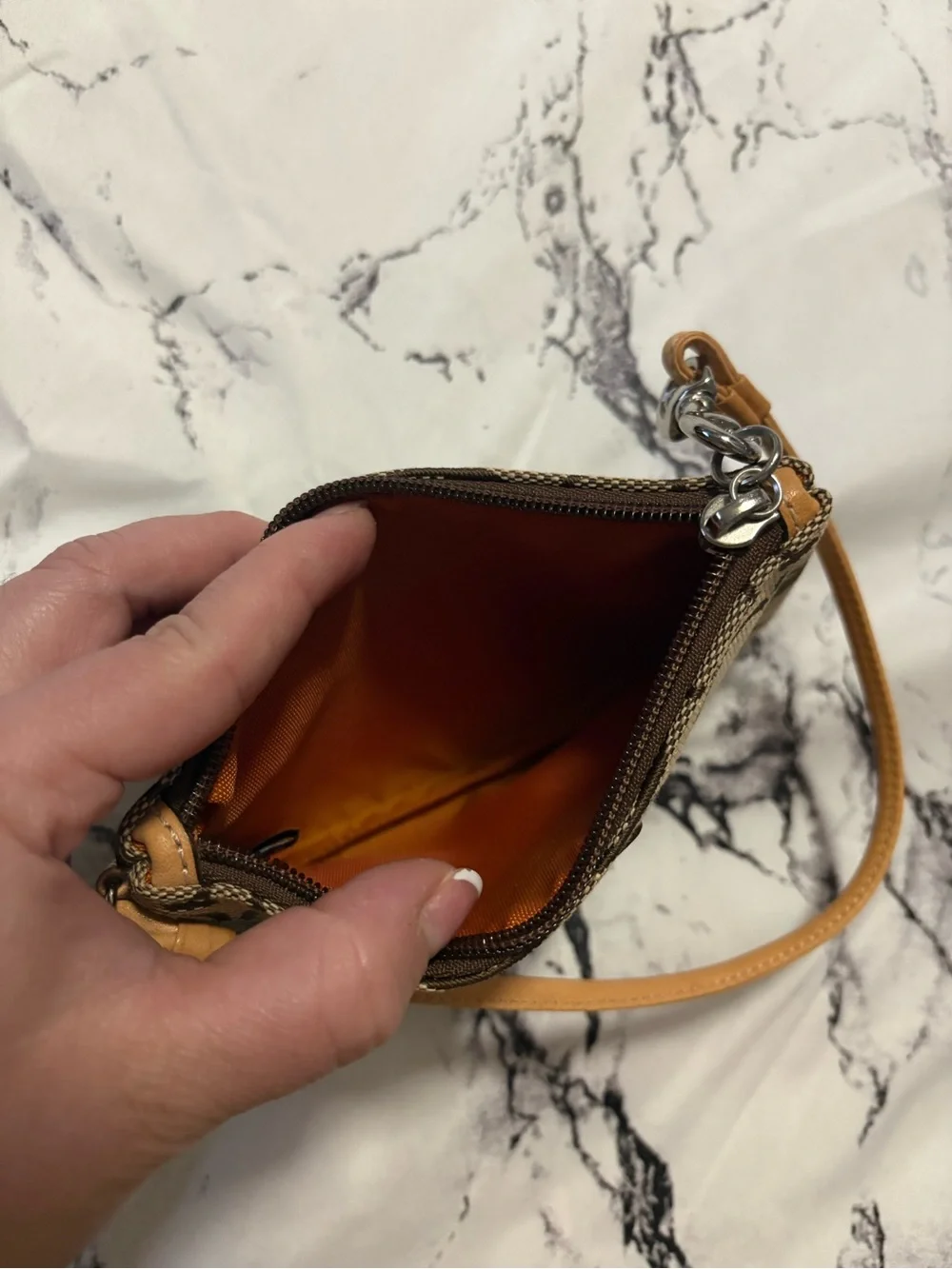 Coach Brown Signature Canvas Wristlet with Tan Leather Trim